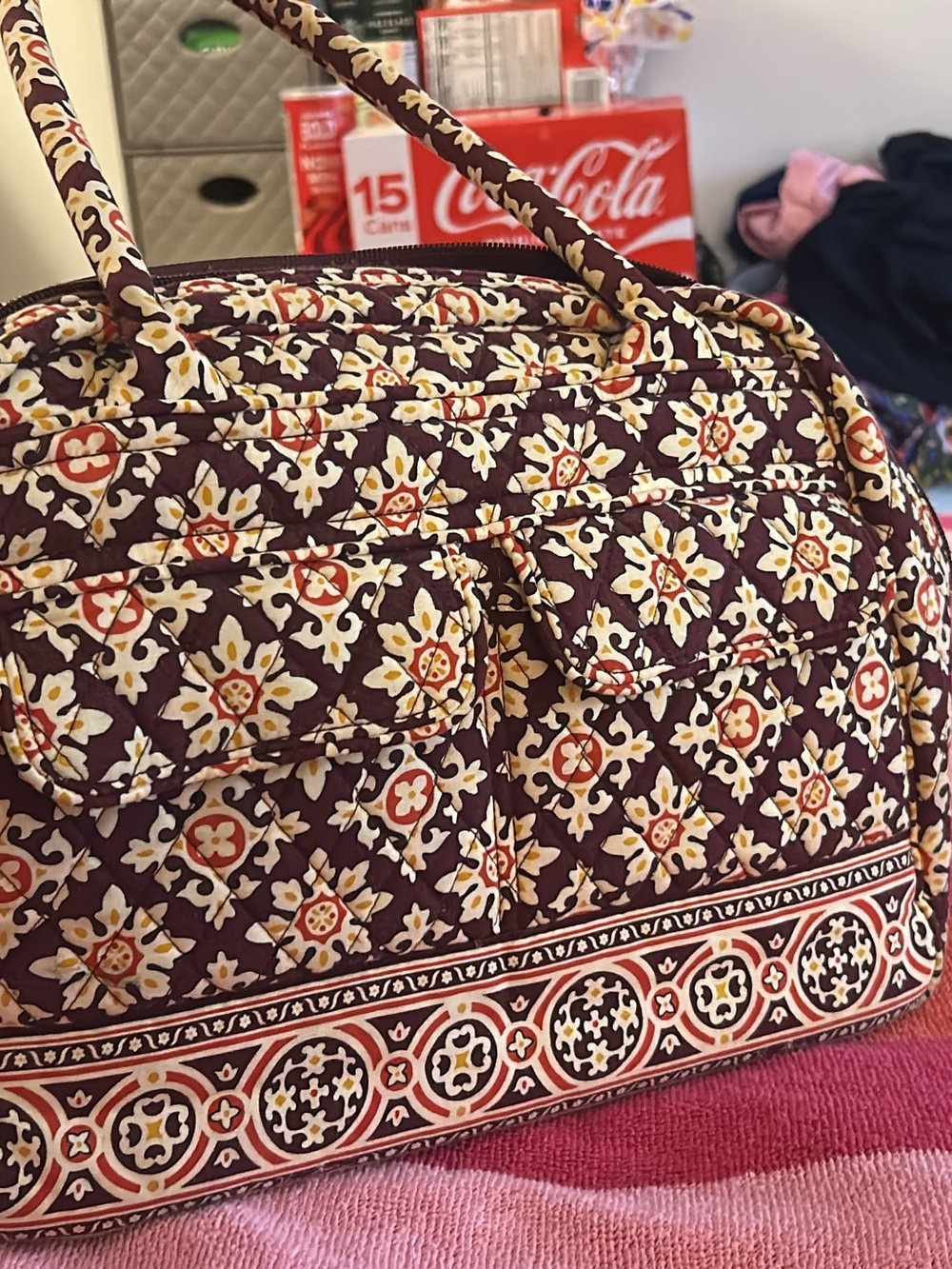 Quilted Floral Patterned Carry Bag in Burgundy and Cream